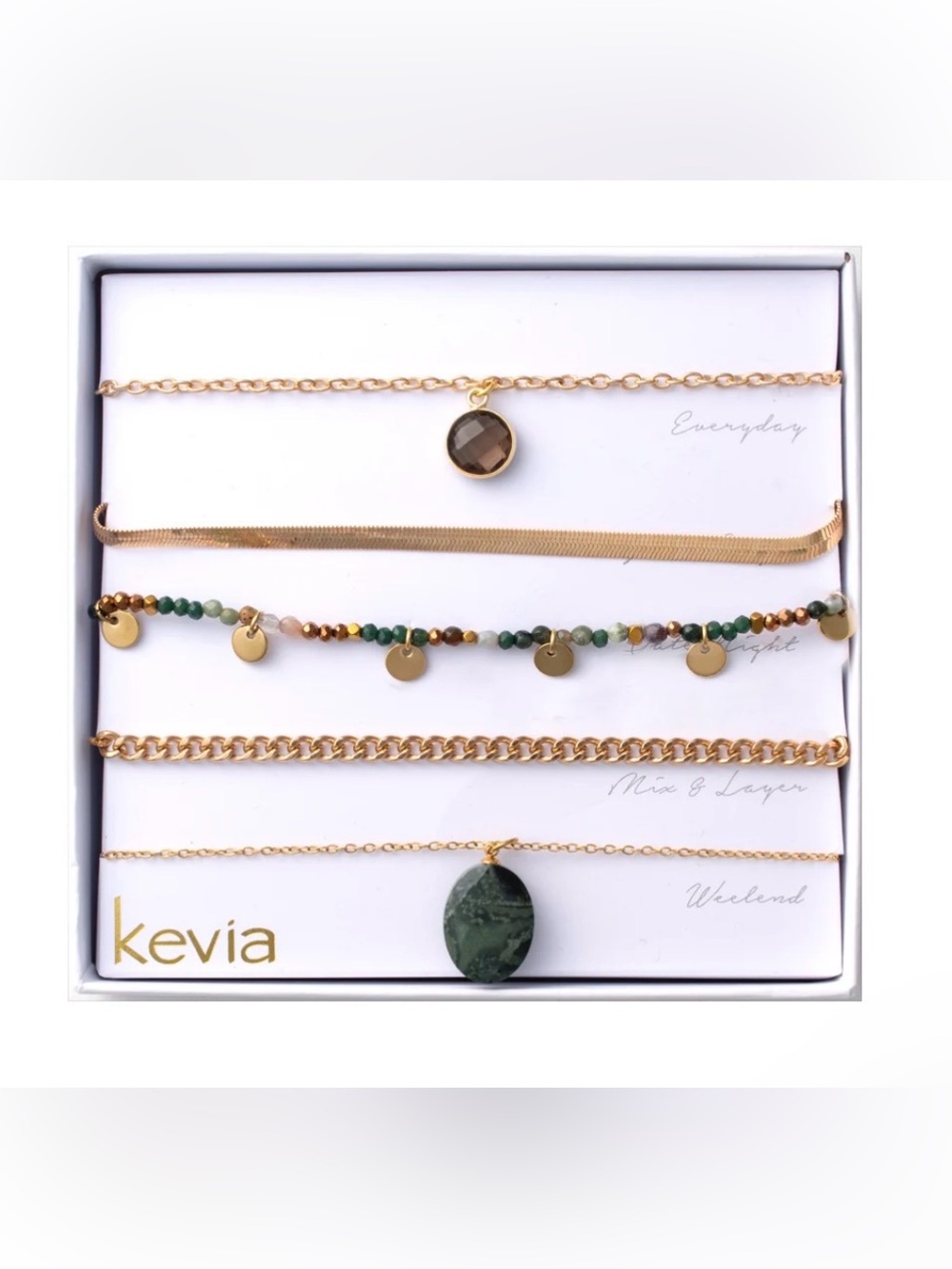 Kevia Gold Layered Necklace Set with Green Stone and Bead Accents